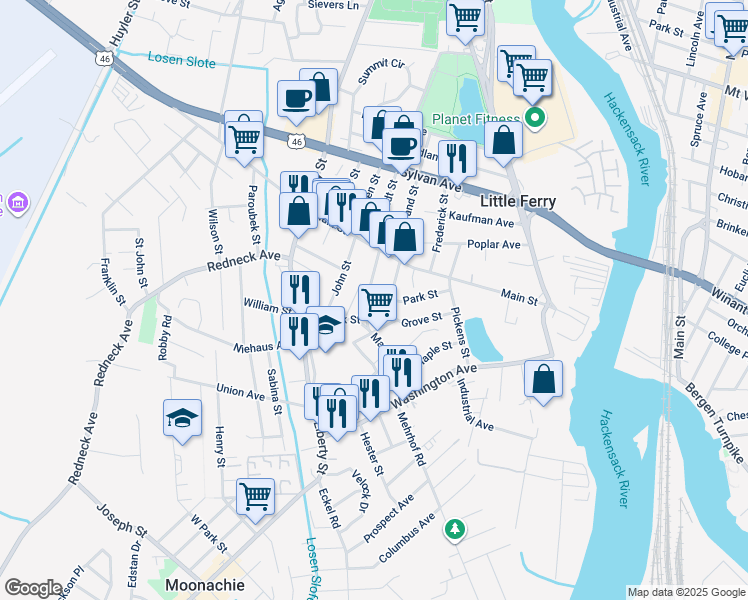 map of restaurants, bars, coffee shops, grocery stores, and more near 47 Center Street in Little Ferry