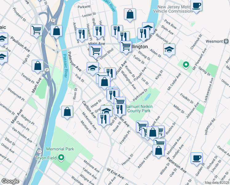 map of restaurants, bars, coffee shops, grocery stores, and more near 30 Pulaski Avenue in Wallington