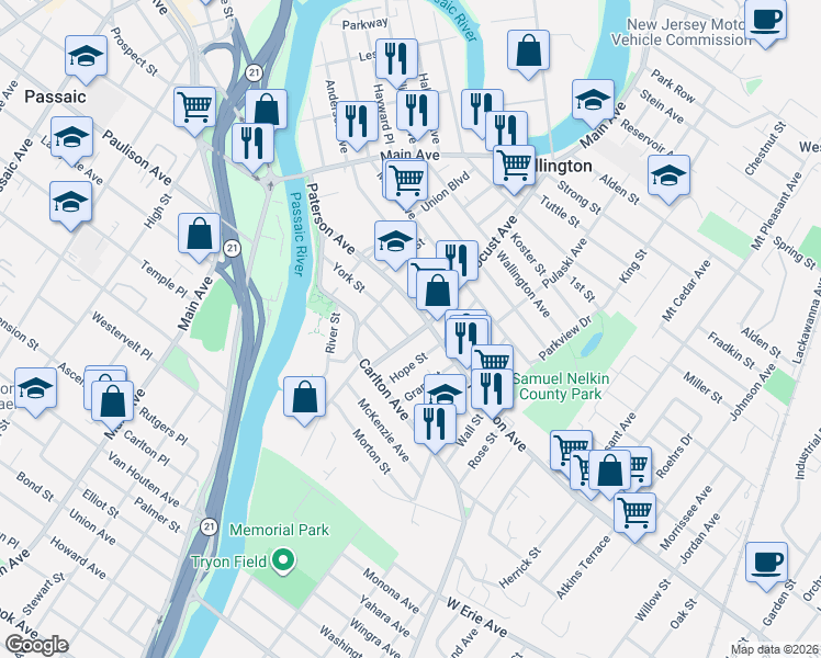 map of restaurants, bars, coffee shops, grocery stores, and more near 18 Locust Lane in East Rutherford
