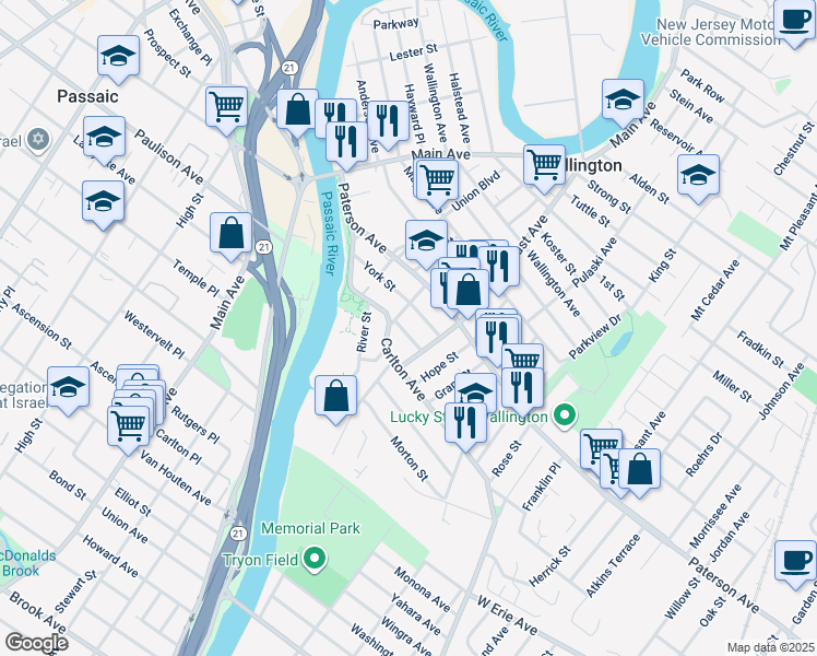map of restaurants, bars, coffee shops, grocery stores, and more near 82 Union Street in East Rutherford