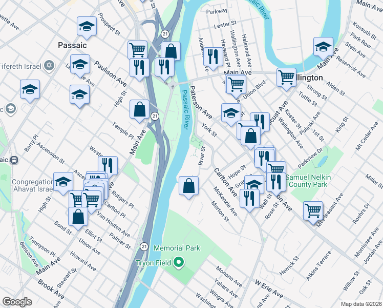 map of restaurants, bars, coffee shops, grocery stores, and more near 612 River Renaissance in East Rutherford