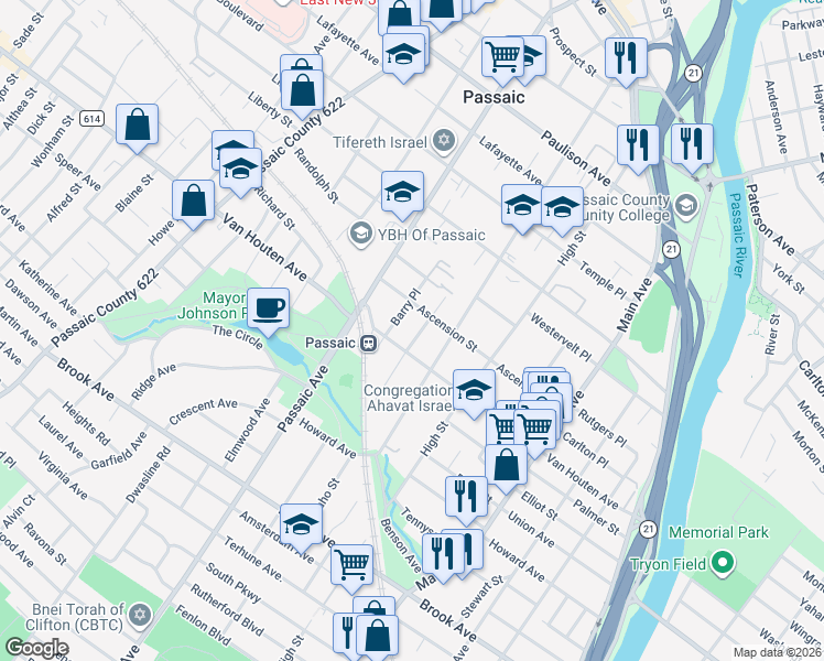 map of restaurants, bars, coffee shops, grocery stores, and more near 37 Reid Avenue in Passaic