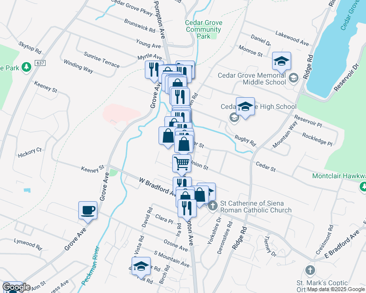 map of restaurants, bars, coffee shops, grocery stores, and more near in Cedar Grove
