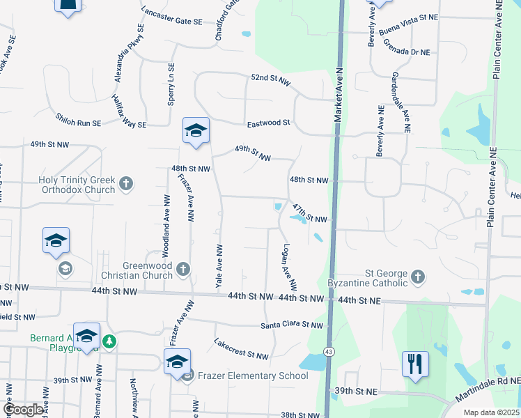 map of restaurants, bars, coffee shops, grocery stores, and more near 300 47th Street Northwest in Canton