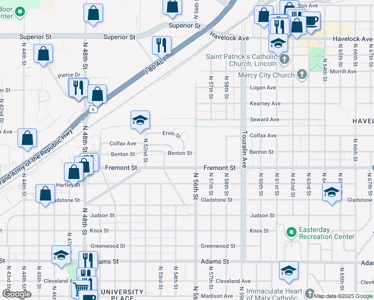 map of restaurants, bars, coffee shops, grocery stores, and more near 5501 Benton Street in Lincoln
