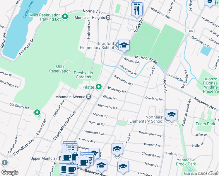 map of restaurants, bars, coffee shops, grocery stores, and more near 24 Wellesley Road in Montclair