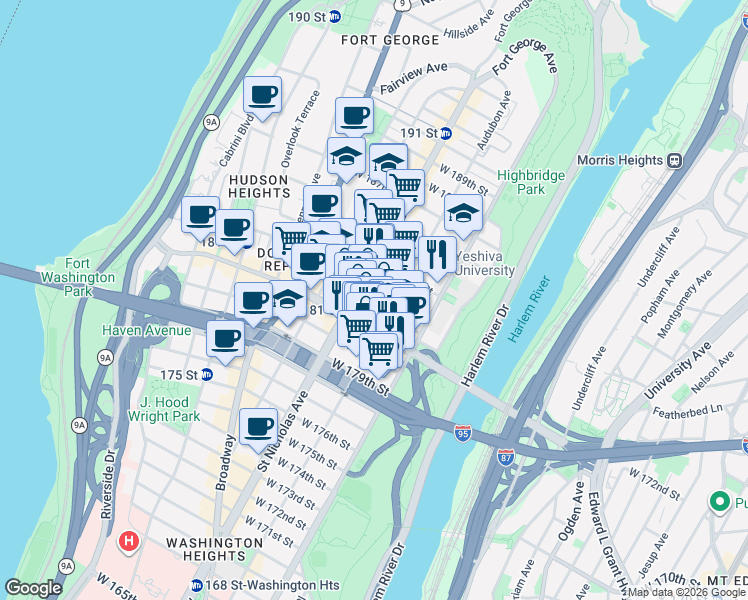 map of restaurants, bars, coffee shops, grocery stores, and more near 569 West 182nd Street in New York