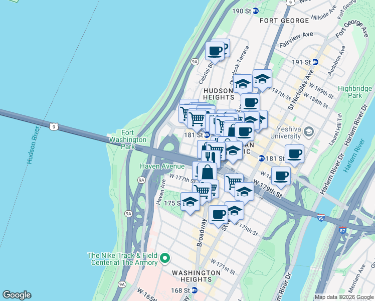 map of restaurants, bars, coffee shops, grocery stores, and more near 44 Pinehurst Avenue in New York
