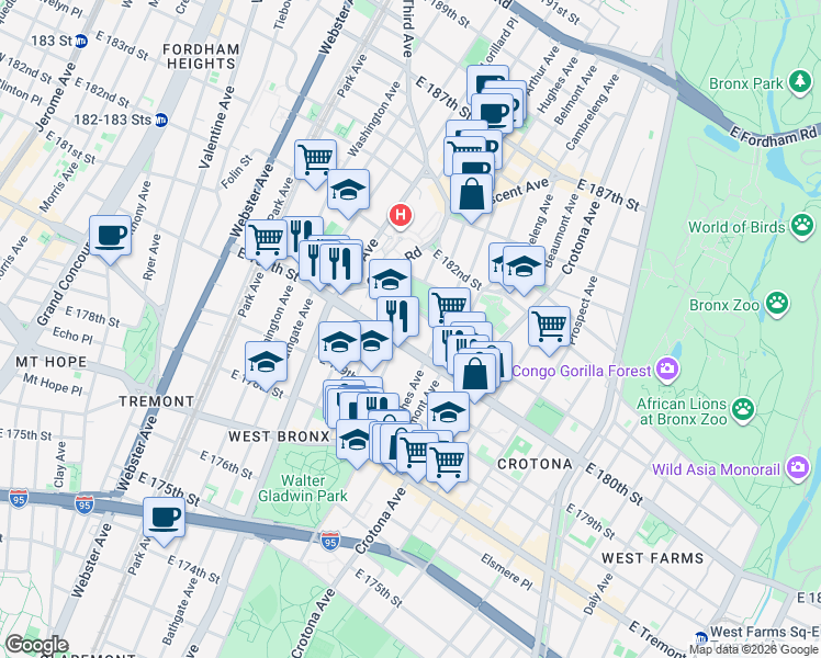 map of restaurants, bars, coffee shops, grocery stores, and more near in The Bronx
