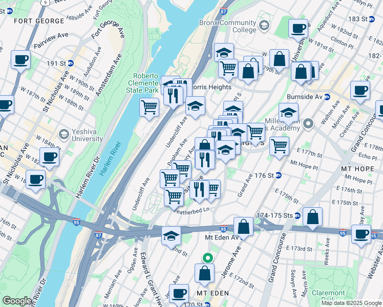 map of restaurants, bars, coffee shops, grocery stores, and more near 121 West 176th Street in The Bronx