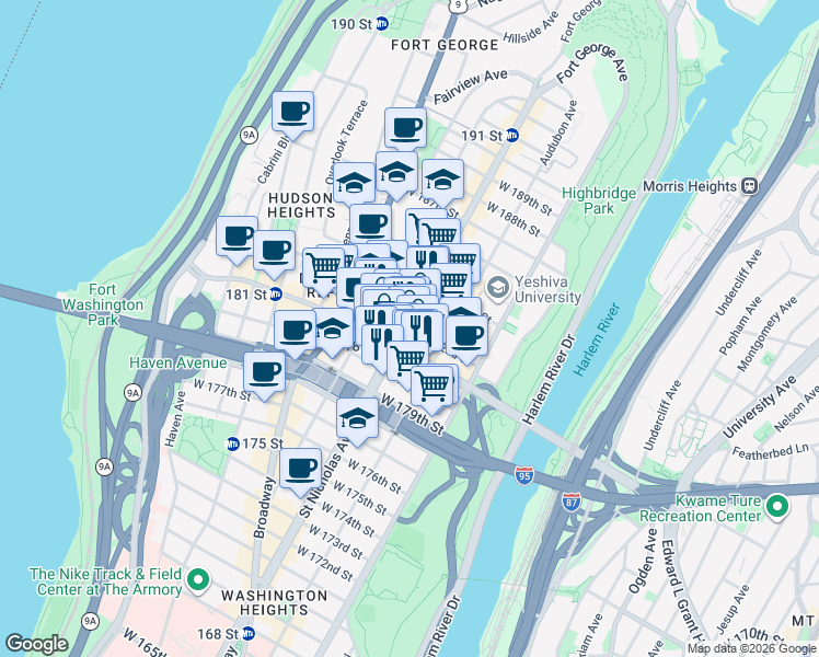 map of restaurants, bars, coffee shops, grocery stores, and more near 570-598 West 182nd Street in New York