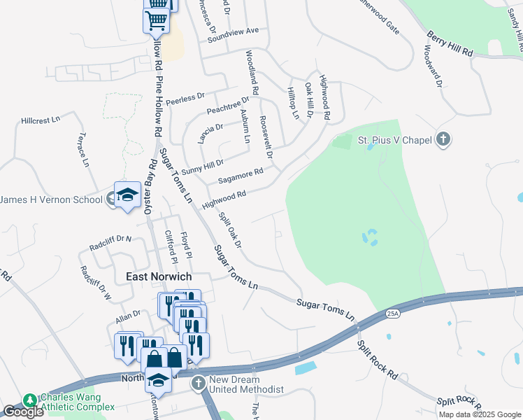 map of restaurants, bars, coffee shops, grocery stores, and more near 23 Ridge Rock Lane in East Norwich