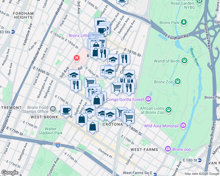 map of restaurants, bars, coffee shops, grocery stores, and more near 2152 Crotona Avenue in Bronx