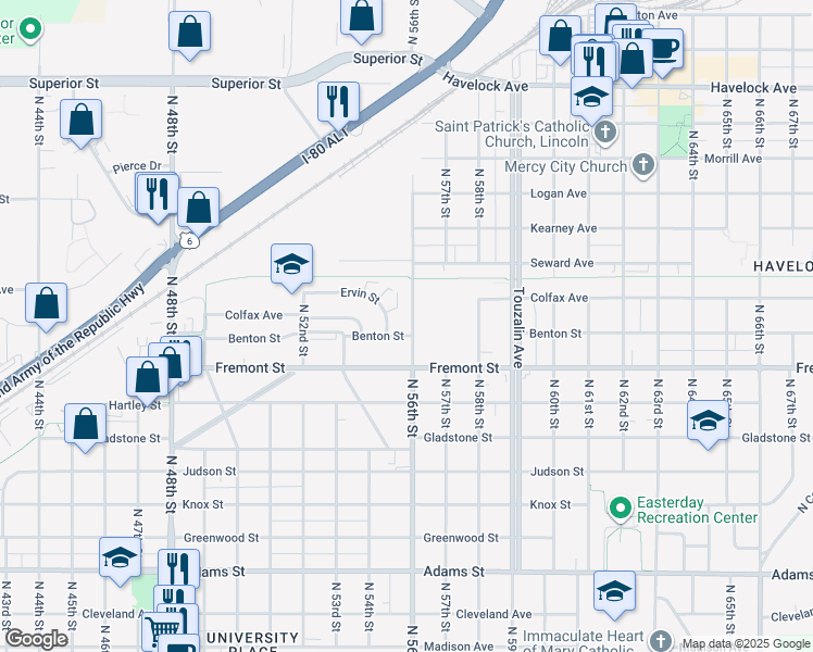 map of restaurants, bars, coffee shops, grocery stores, and more near 3705 North 56th Street in Lincoln