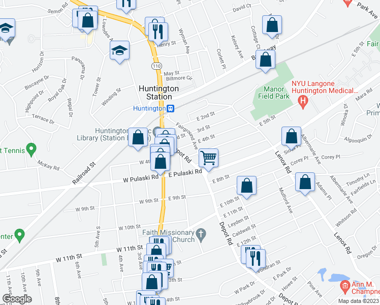 map of restaurants, bars, coffee shops, grocery stores, and more near 2 East 5th Street in Huntington Station