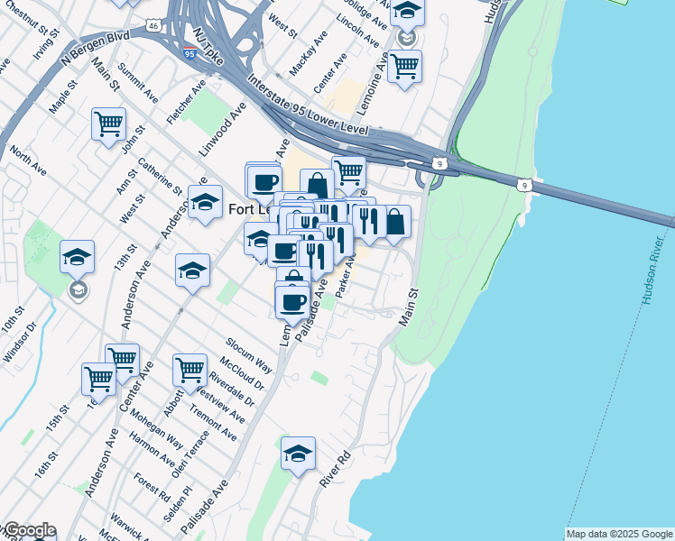 map of restaurants, bars, coffee shops, grocery stores, and more near 1622 Parker Avenue in Fort Lee
