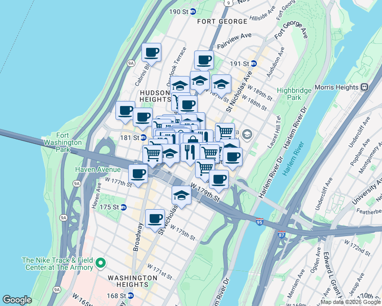 map of restaurants, bars, coffee shops, grocery stores, and more near in New York