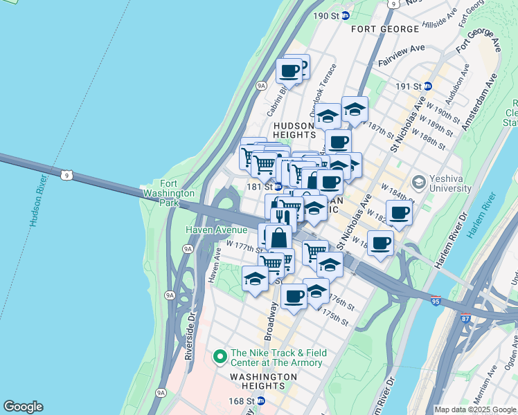 map of restaurants, bars, coffee shops, grocery stores, and more near 49 Pinehurst Avenue in New York