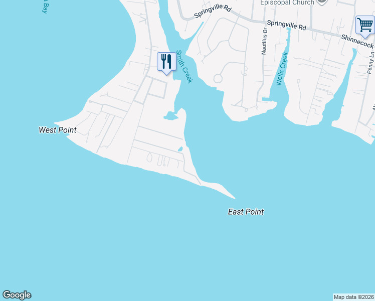 map of restaurants, bars, coffee shops, grocery stores, and more near 21 East Point Lane in Hampton Bays