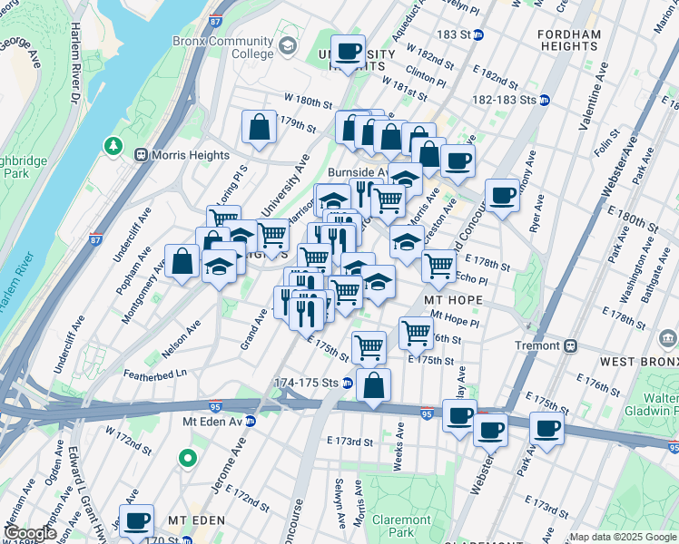map of restaurants, bars, coffee shops, grocery stores, and more near 1876 Jerome Avenue in The Bronx