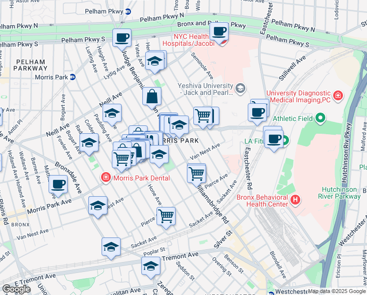 map of restaurants, bars, coffee shops, grocery stores, and more near 1734 Williamsbridge Road in Bronx
