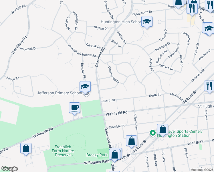 map of restaurants, bars, coffee shops, grocery stores, and more near 9 Edgewood Place in Huntington Station