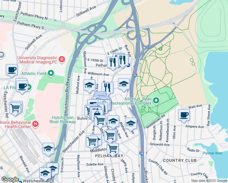 map of restaurants, bars, coffee shops, grocery stores, and more near 3111 Willow Lane in Bronx