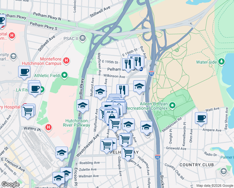 map of restaurants, bars, coffee shops, grocery stores, and more near 2917 Saint Theresa Avenue in Bronx