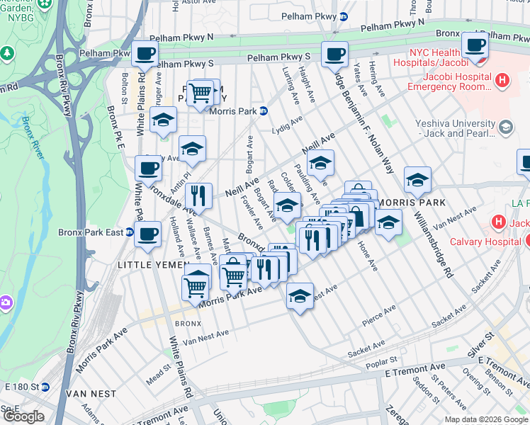 map of restaurants, bars, coffee shops, grocery stores, and more near 933 Rhinelander Avenue in Bronx