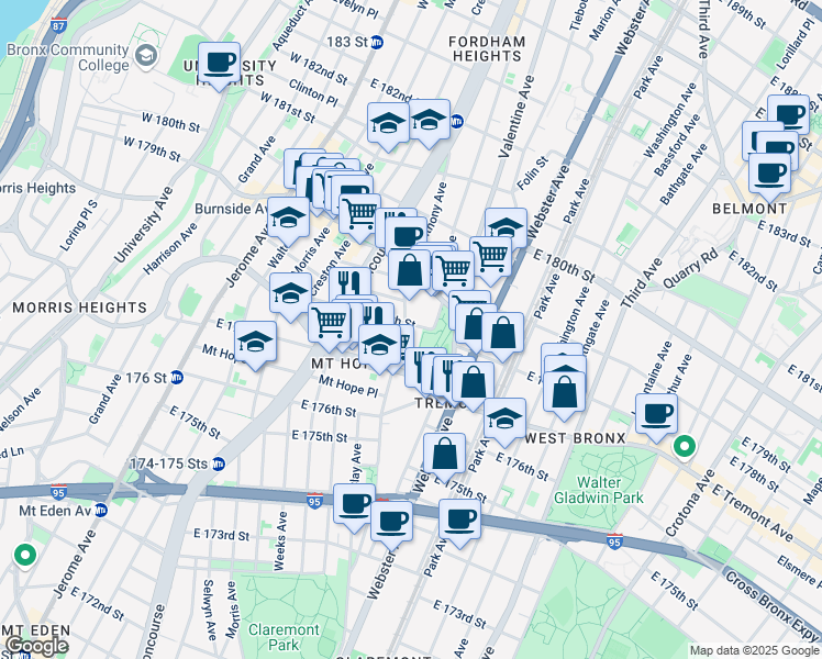 map of restaurants, bars, coffee shops, grocery stores, and more near 315 Echo Place in The Bronx