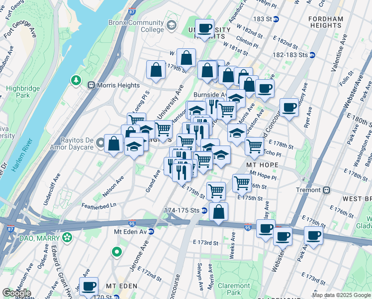 map of restaurants, bars, coffee shops, grocery stores, and more near 1876 Jerome Avenue in The Bronx