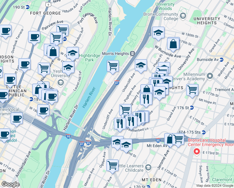 map of restaurants, bars, coffee shops, grocery stores, and more near 1642 Undercliff Avenue in Bronx