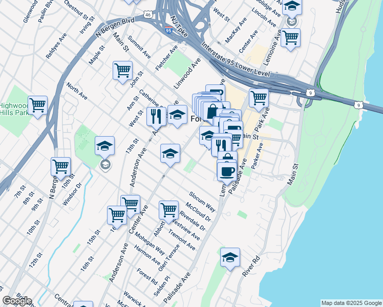 map of restaurants, bars, coffee shops, grocery stores, and more near 290 Whiteman Street in Fort Lee