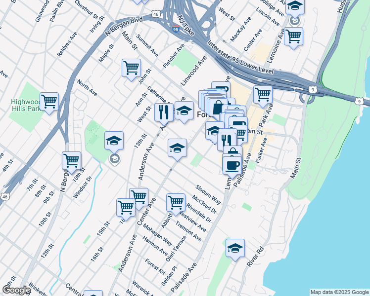 map of restaurants, bars, coffee shops, grocery stores, and more near 290 Whiteman Street in Fort Lee