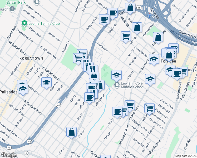 map of restaurants, bars, coffee shops, grocery stores, and more near 1548-500 Stillwell Avenue in Fort Lee