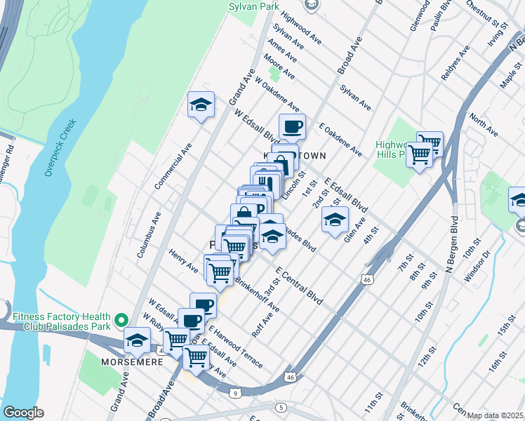 map of restaurants, bars, coffee shops, grocery stores, and more near 346 Broad Avenue in Palisades Park