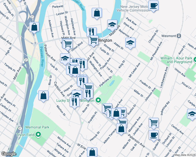 map of restaurants, bars, coffee shops, grocery stores, and more near 308 Hayward Place in Wallington