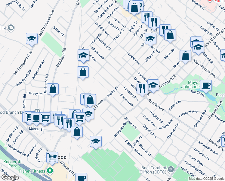 map of restaurants, bars, coffee shops, grocery stores, and more near 70 Lorraine Drive in Clifton