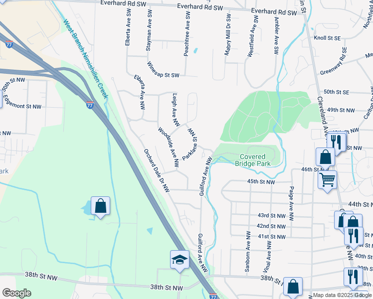 map of restaurants, bars, coffee shops, grocery stores, and more near 3037 Parklane Street Northwest in Canton