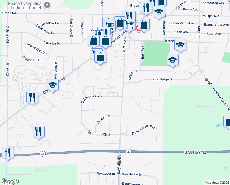 map of restaurants, bars, coffee shops, grocery stores, and more near 1004 Columbus Circle North in Ashland