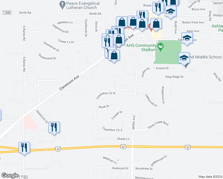 map of restaurants, bars, coffee shops, grocery stores, and more near 1136 Columbus Circle North in Ashland