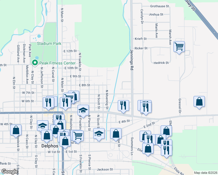map of restaurants, bars, coffee shops, grocery stores, and more near 710 North Moening Street in Delphos