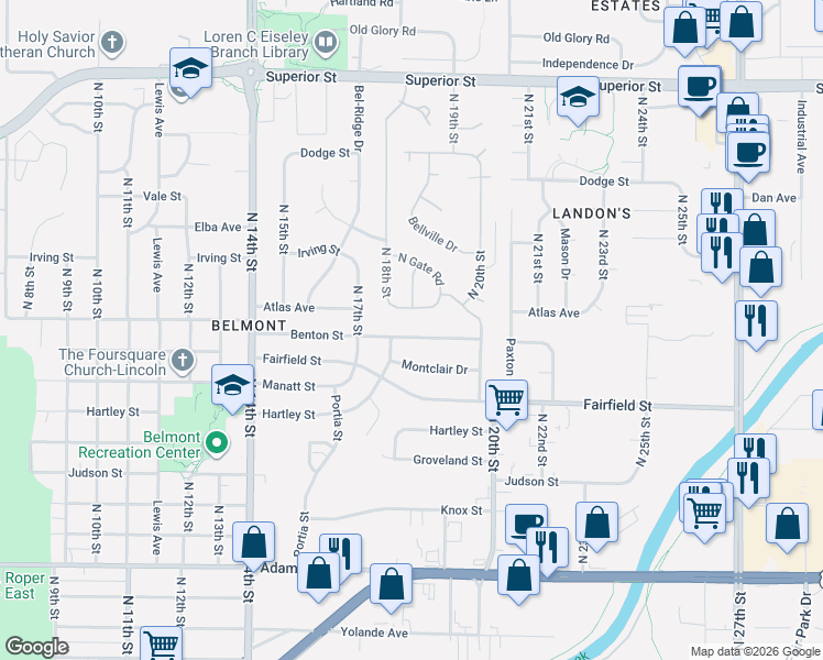 map of restaurants, bars, coffee shops, grocery stores, and more near 1825 Benton Street in Lincoln