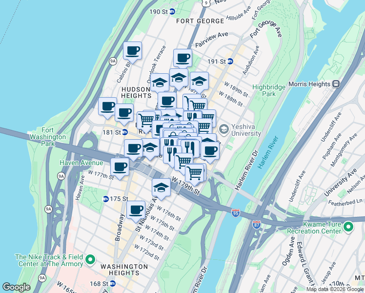 map of restaurants, bars, coffee shops, grocery stores, and more near 600 West 182nd Street in New York