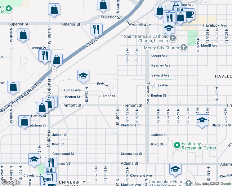 map of restaurants, bars, coffee shops, grocery stores, and more near 3707 North 56th Street in Lincoln
