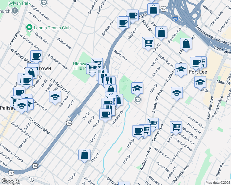 map of restaurants, bars, coffee shops, grocery stores, and more near 1412 Bergen Boulevard in Fort Lee