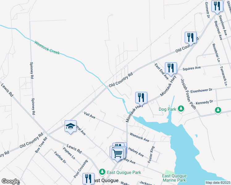 map of restaurants, bars, coffee shops, grocery stores, and more near 63 Old Country Road in East Quogue