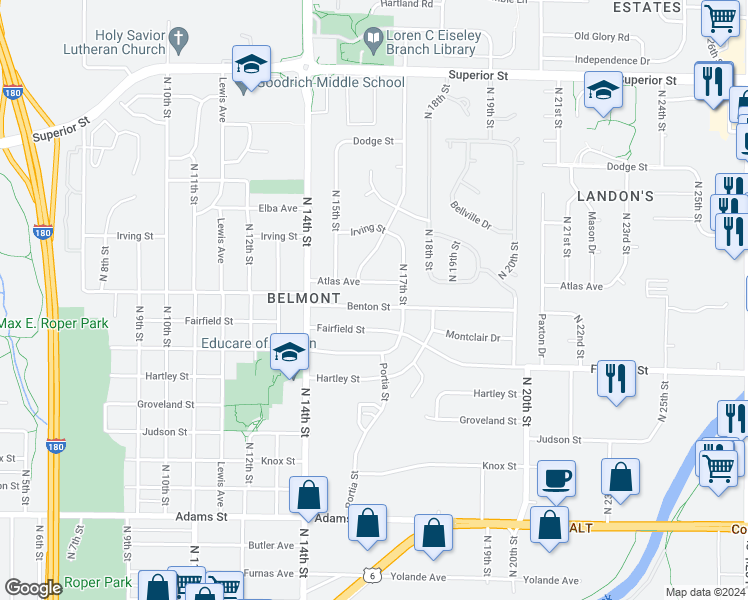 map of restaurants, bars, coffee shops, grocery stores, and more near 1600 Benton Street in Lincoln