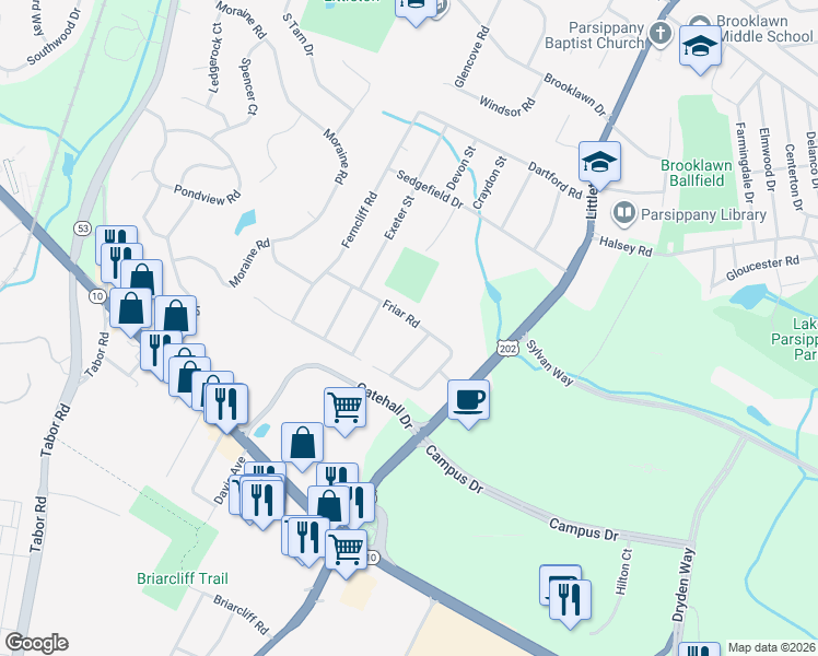 map of restaurants, bars, coffee shops, grocery stores, and more near 7 Little John Road in Morris Plains