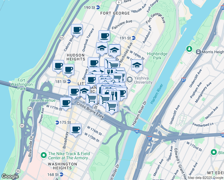 map of restaurants, bars, coffee shops, grocery stores, and more near 340 Audubon Avenue in New York